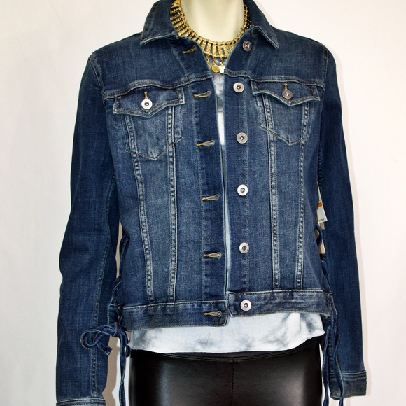Women's Blue Laced-side Denim Trucker Jacket - Picture 1 of 6